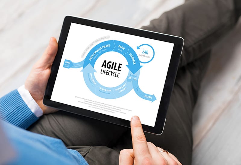 Agile application development life cycle on tablet with man pointing