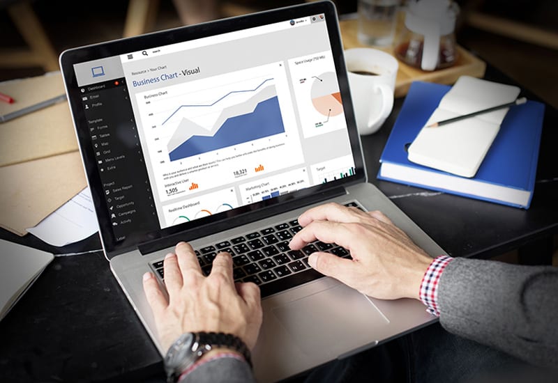 Businessman Working Laptop Dashboard Data Visualization Graphs Charts