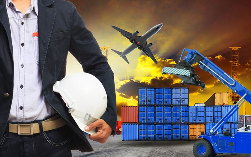 Transportation Composition Businessman with Hard Hat Storage Containers Lift Airplane Trucks